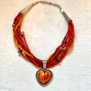 Vintage spiny oyster and sterling silver heart w/ Mexican fire opal bead choker